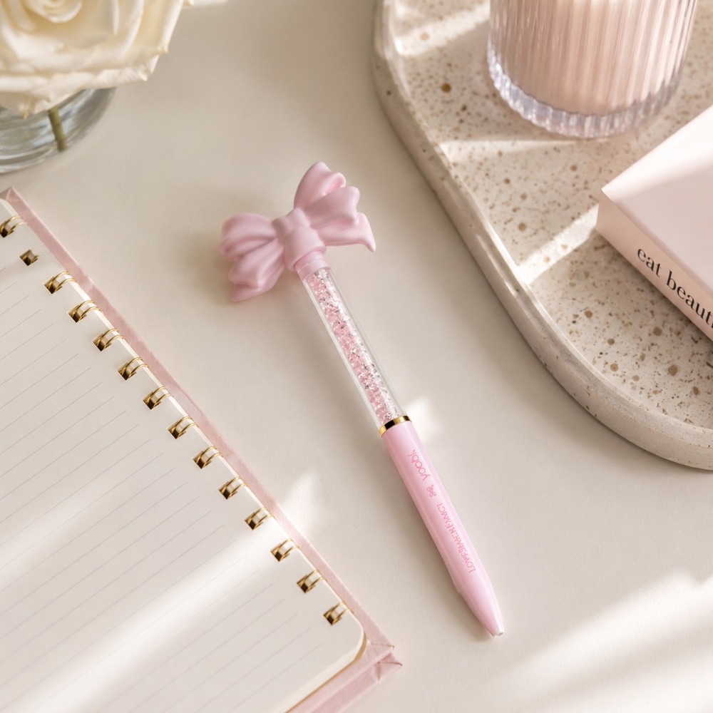 LoveShackFancy x Yoobi Pink Bow Ballpoint Pen Black Ink Floating Beads New